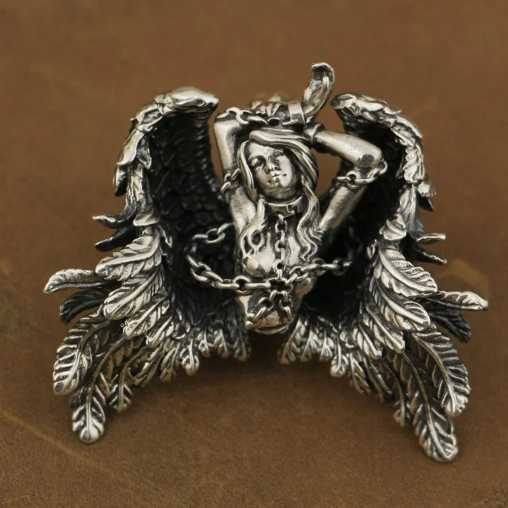

LINSION High Detail 925 Sterling Silver Andromeda Pendant Sexy Angel Biker Pendant TA82