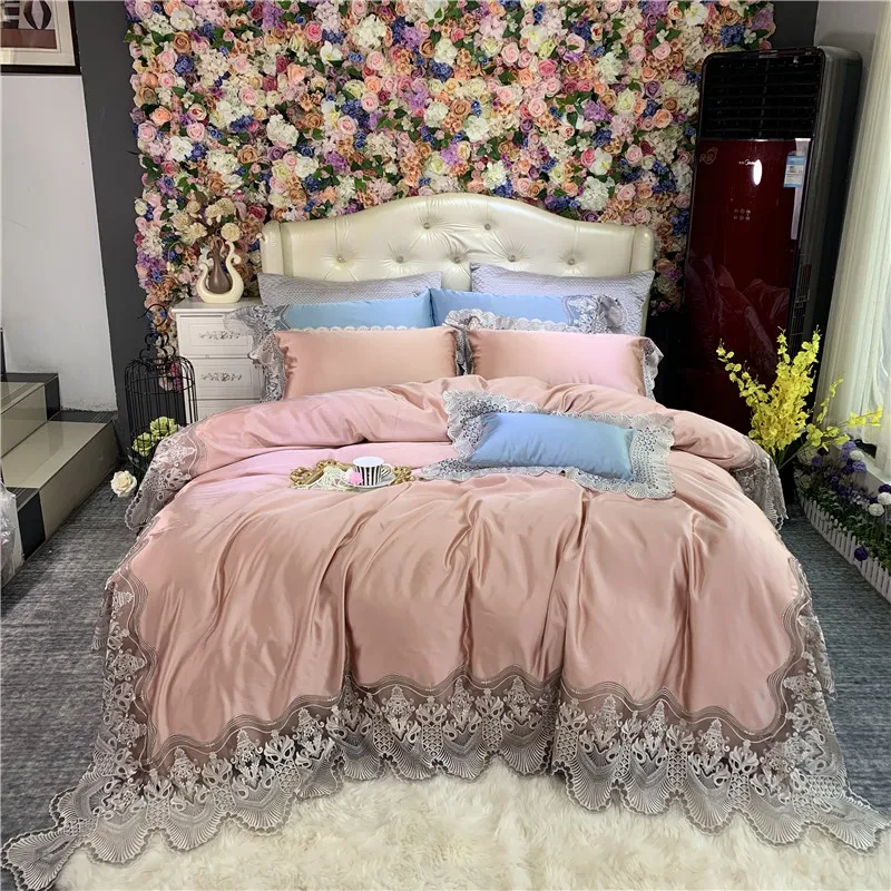

New Luxury Rose Gold Purple Lace Bedding Set Silk Cotton Duvet Cover 100S Egyptian cotton Bed Sheet Pillowcases Queen King 4pcs
