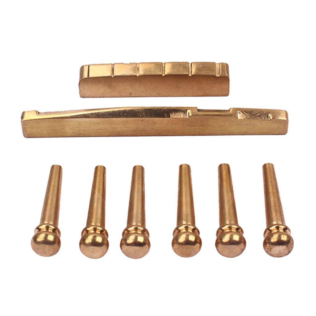 6 pieces Brass Bridge Pins + Nut Saddle Slotted for Acoustic Guitar Parts Gold New