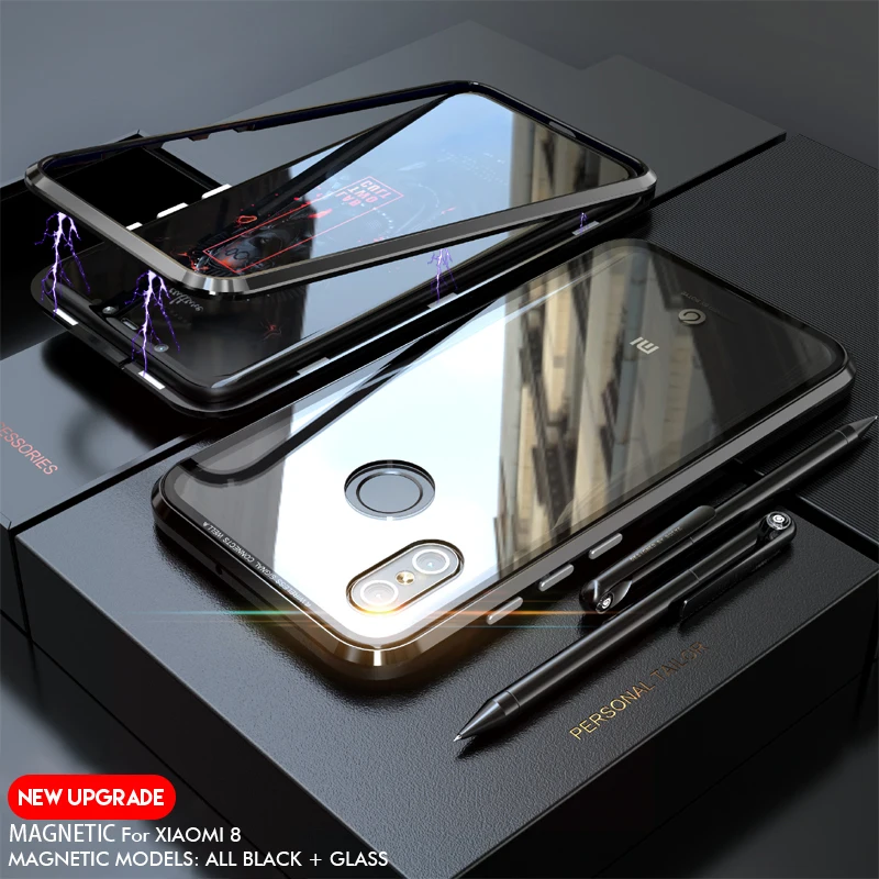 NYFundas Magnetic Adsorption Case For Xiao mi 8 Clear Tempered Glass + Built-in Magnet Case For Xiaomi 8 Metal Ultra Cover Back (11)