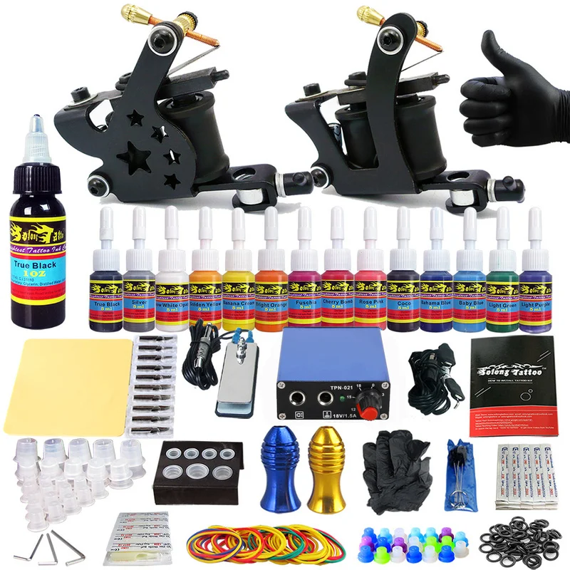 

Permanent Makeup Machine Tattoo Beginner Kits &2 Pro Machine Guns Tattoo Kit Power Supply Needle Grips 14 Ink Color Makeup Set