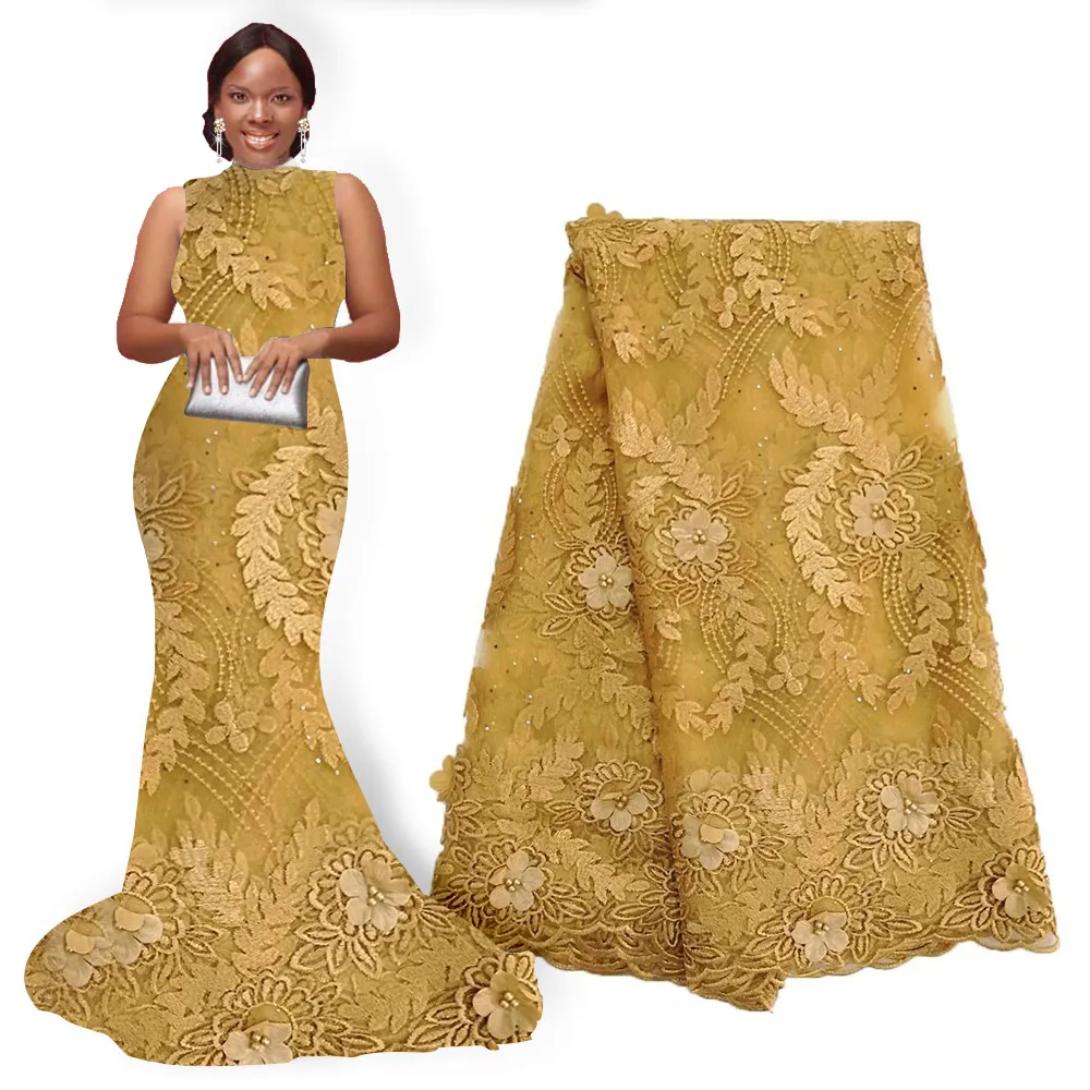 

African flower Lace Fabric Nigeria Lace Fabric Embroidery Beaded Flower Lace African 3D flower Fabric 5 Yards for Wedding Party