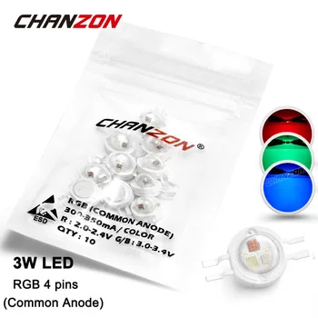 10 Pieces 3W LED Light Bulb Lamp RGB 4 pins 300mA-350mA High Power 3 W Watt Red Green Blue Epileds Chip 3Watt Colorful COB Beads