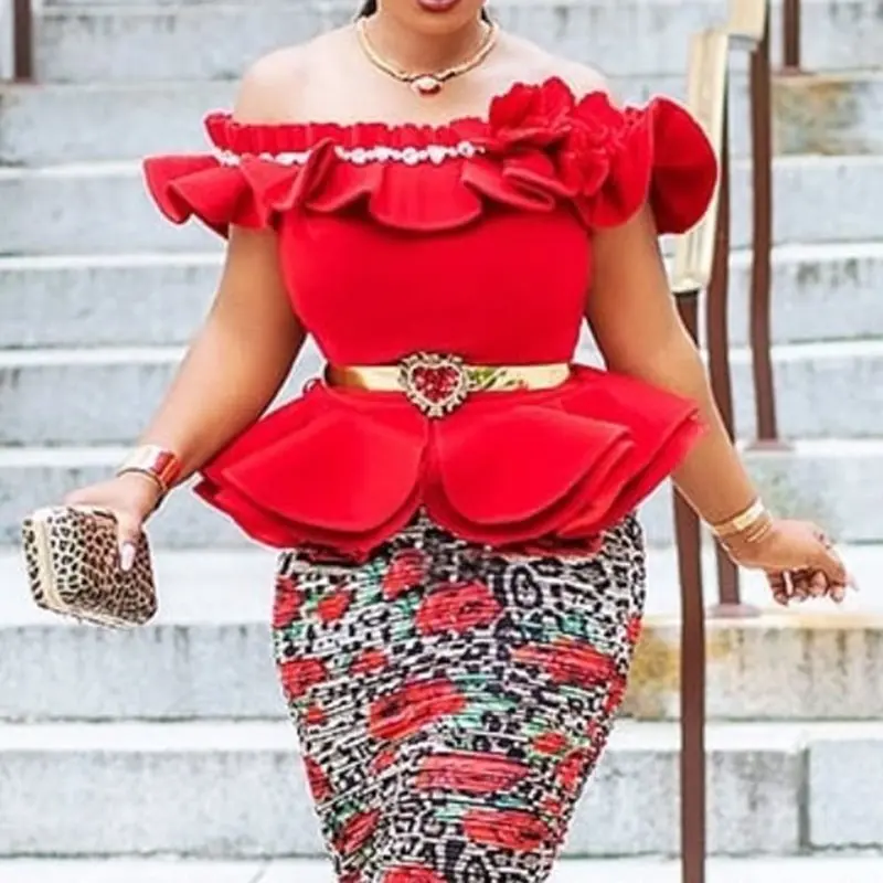 

Summer Elegant Sexy Club Plus Size Sweet Blouse Women Slim Off Shoulder Plain Falbala Chic Vintage African Fashion Tops Shirts