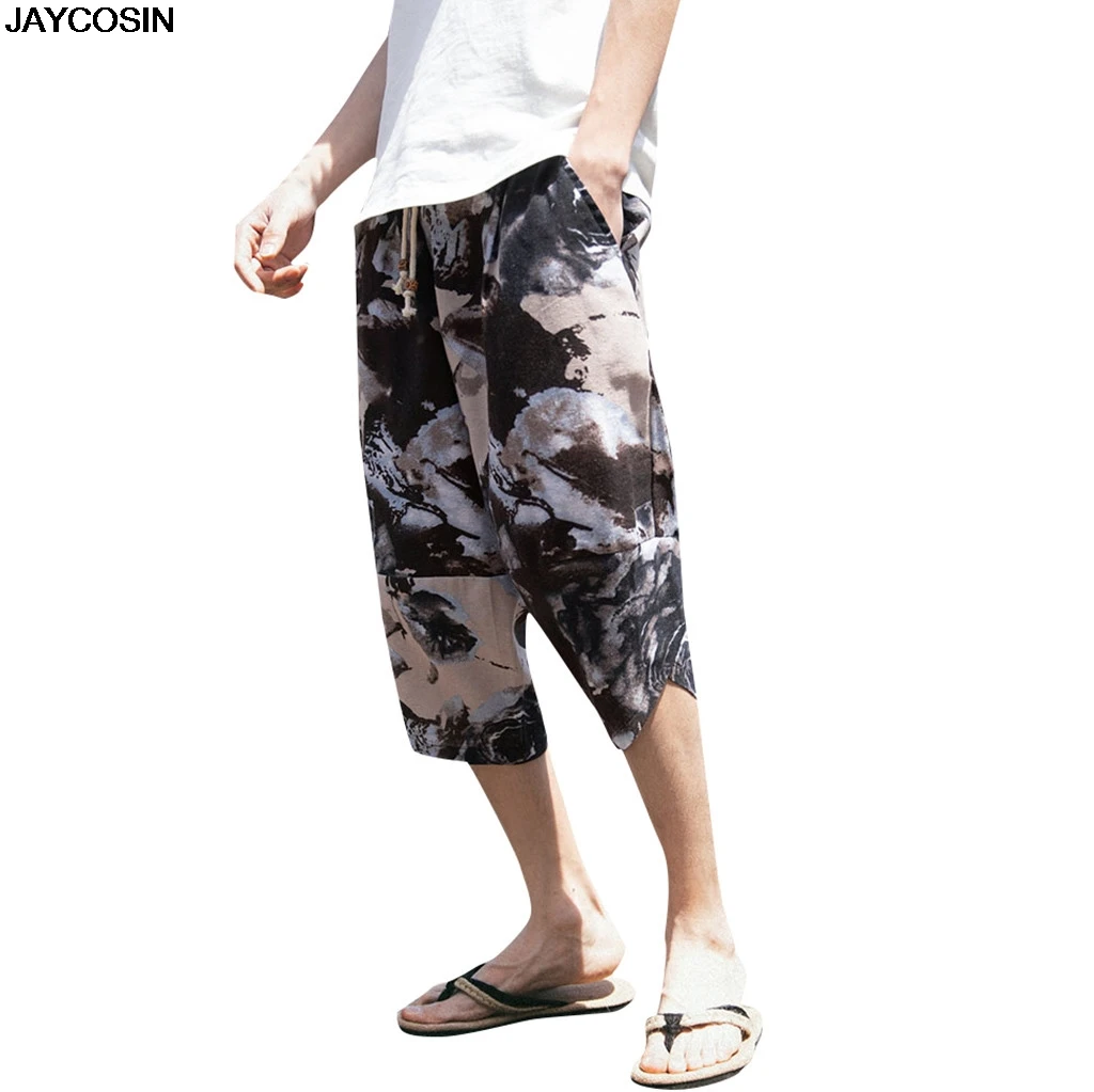 KLV мужские брюки, летние мужские широкие шаровары из хлопка и льна, широкие пижамы, свободные укороченные брюки, мешковатые, высокое качество 9501