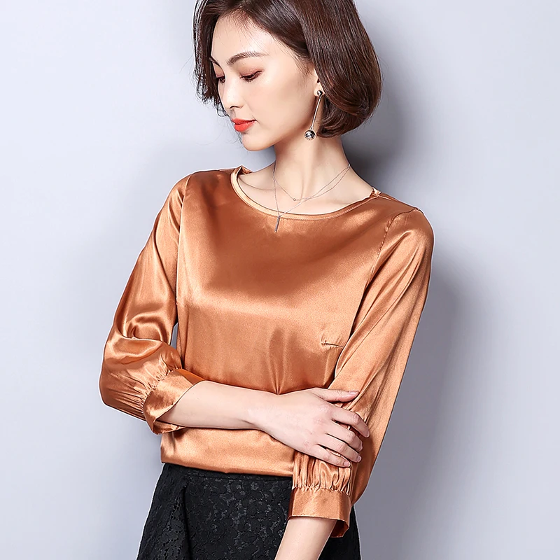 Women Blouses Casual OL Silk Blouse Autumn Loose Basic Satin Shirt Work Wear Blusas Feminina Tops Shirts Plus Size XXXL Pink/Red - 32900666827