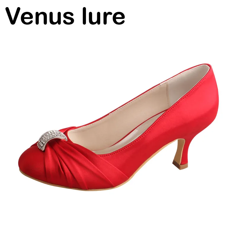 

Bridal Red Satin Shoes Closed Toe Brand Name Prom Court Shoes Mid Heels