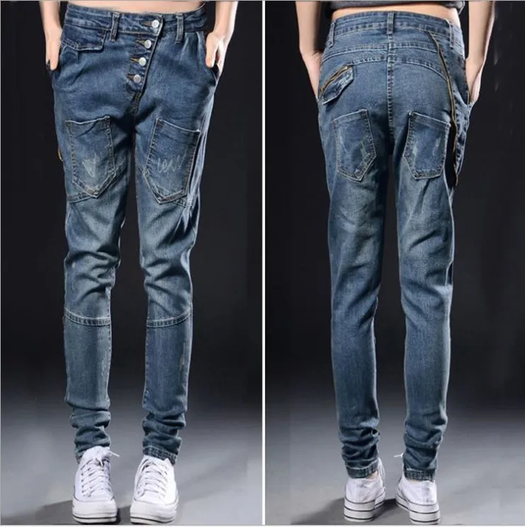 2016 Hitz female Korean influx of  harem pants multi pocket collapse skateboard pants breasted pants feet fashion jeans A0057