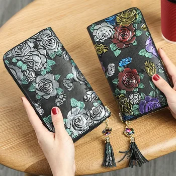 

Aequeen Genuine Leather Purse Wallet Female Retro 3D Embossing Women Female Coin Purses Holders Ladies Long Clutch Wallets