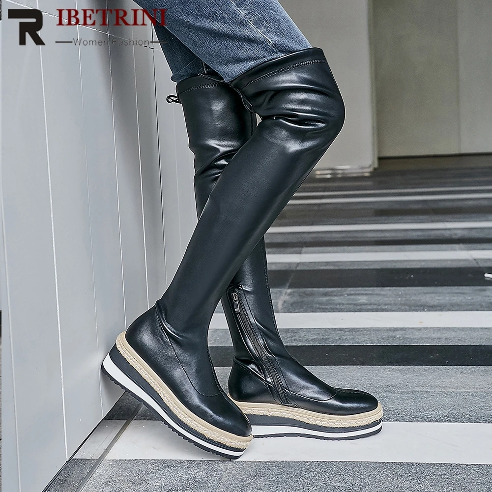 

RIBETRINI New Fashion Kid Suede Or Stretch PU Street Style Shoes Woman Casual Wedges Heels Over The Knee Boots