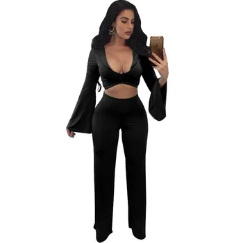 

Women Casual Tracksuit Two Piece Outfits 2017 Sexy V-Neck Long Flare Sleeve Crop Top and Wide Leg Pants Sporting Suits Clubwear