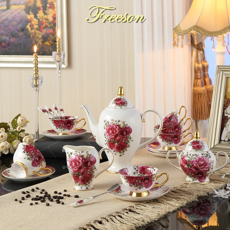 

Rose Bone China Coffee Set Europe Porcelain Tea Cup Saucer Mug Ceramic Sugar Pot Jug Jar Teatime Drinkware Coffeeware Teapot