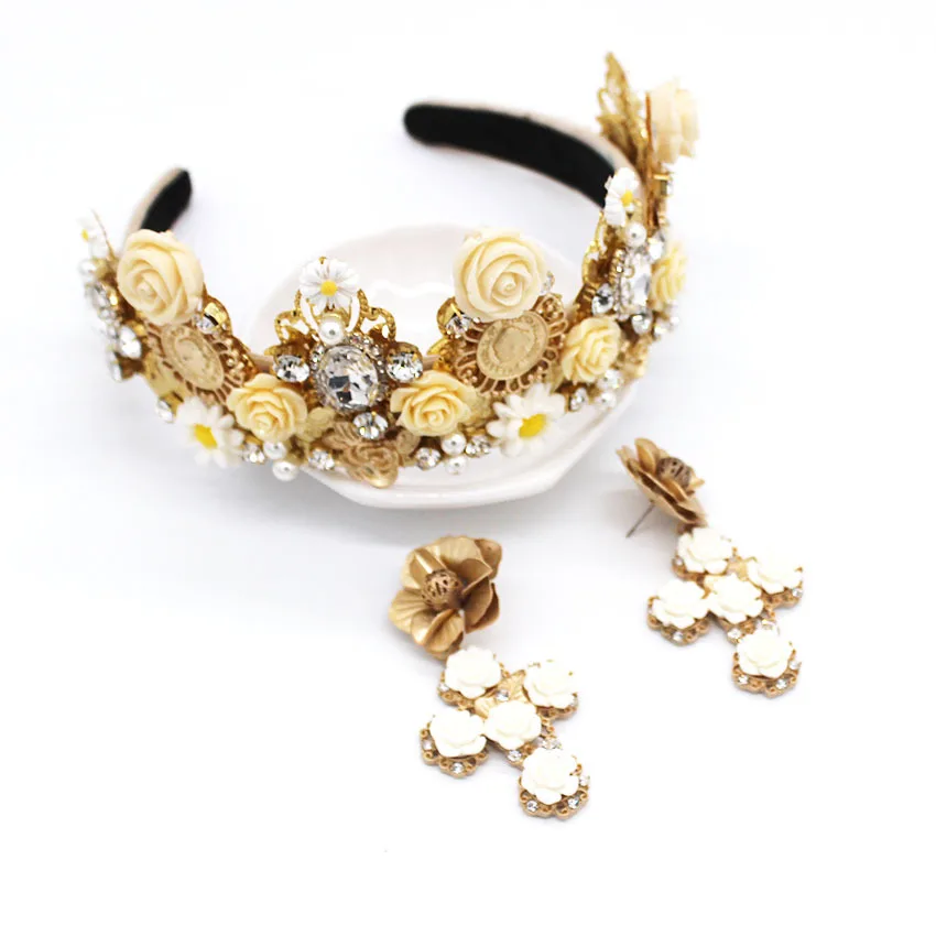 

New European Baroque exaggerated fashion headband white porcelain flower cross geometry retro palace crown headband1095