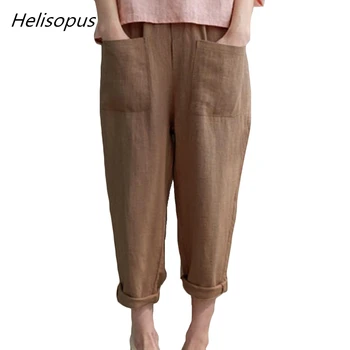 

Helisopus 2020 New Large Size Cotton Linen Women Pants Elastic High Waist Loose Pants Solid Color Pockets Casual Trousers