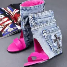 Демисезонные ботинки из джинсовой ткани; элегантные Удобные Модные женские босоножки на высоком каблуке; пикантная женская обувь на танкетке с перфорацией; женская повседневная обувь