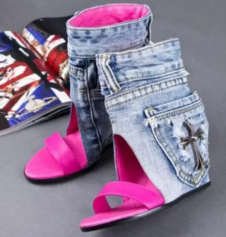 

Spring Autumn Denim Boots Elegant Comfortable Ladies Fashion High Heel Sandle Sexy Woman Wedge Hollow Out Female Casual Shoe