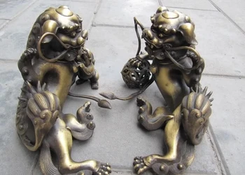 

Chinese Royal Pure Bronze Copper exquisite Foo Dog Kylin Kirin Lion Pair