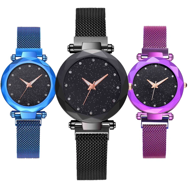 

Fashion Women Rose Gold Mesh Magnet Buckle Starry Quartz Watch Geometric Surface Casual Women ladies dress Quartz Wristwatch