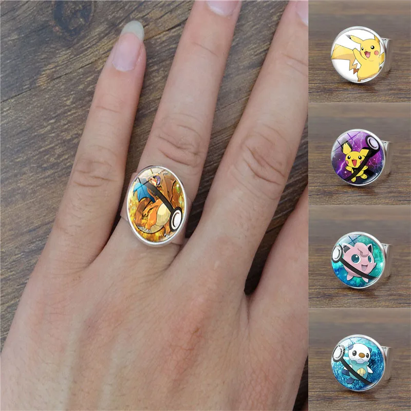 Регулируемое кольцо Pokemon с покеболом посеребренным стеклом кабошоном Пикачу для