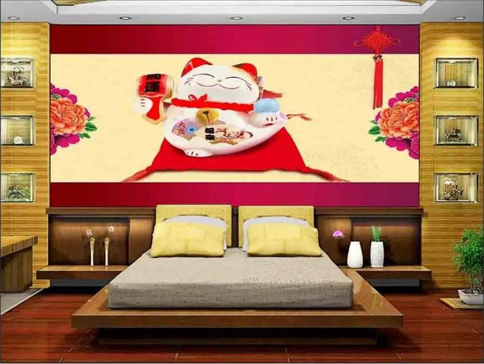 3d chambre papier peint personnalisé photo non,tissé mural rouge chanceux chat pivoine chinois noeud