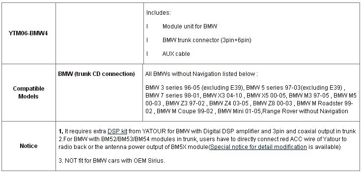 Yatour БТА Bluetooth громкой связи смартфон A2DP автомобиля наборы для 1991-2006 BMW 3pin+ 6pin X5 X3 M3 M5 YT-BTA с Hi-Fi HFP