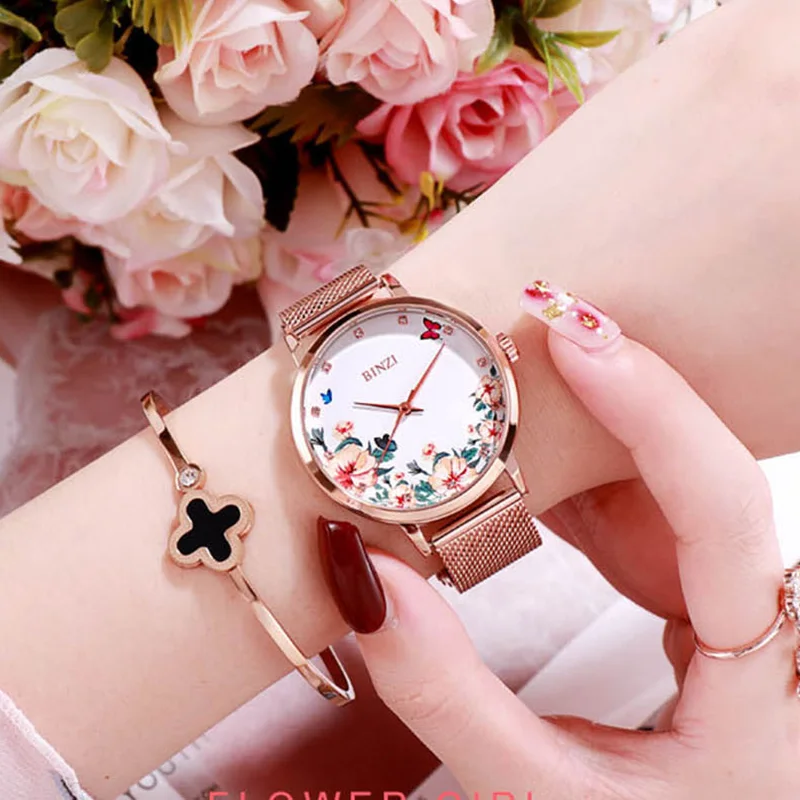 Новые женские часы 2019 Роскошные брендовые модные креативные часы с цветочным орнаментом для дам розовое золото Кварцевые