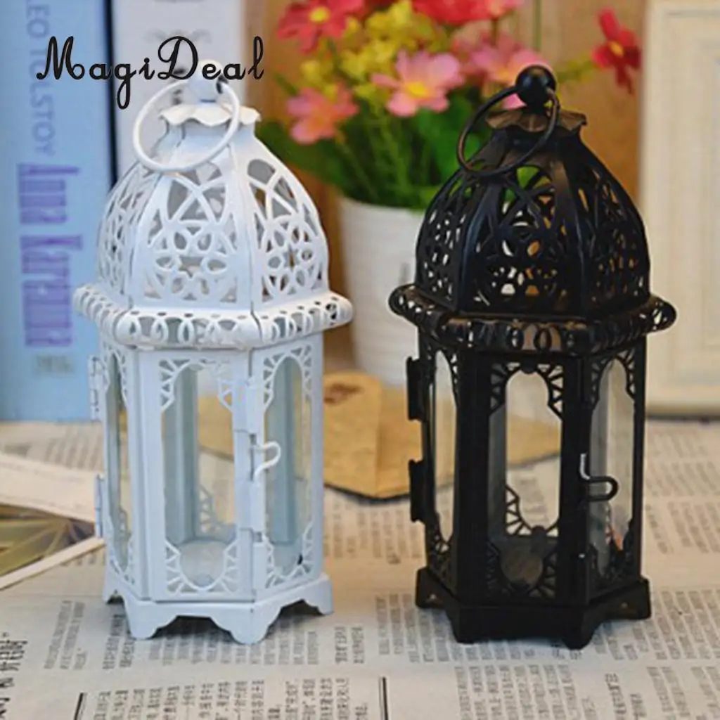 Mobestech 2 pcs Morocco Iron Candle Lantern Decorative Vintage Indoor Outdoor Table Lantern Hanging Tealight Holder for Festival Wedding Valentine Day Party