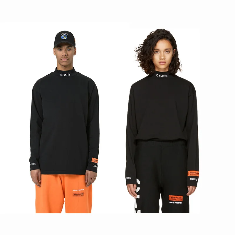 

Heron Preston Men T Shirts Long Sleeves Black white Orange Collar Embroidery T-Shirt O-Neck Cotton HP Tees Jenner selected