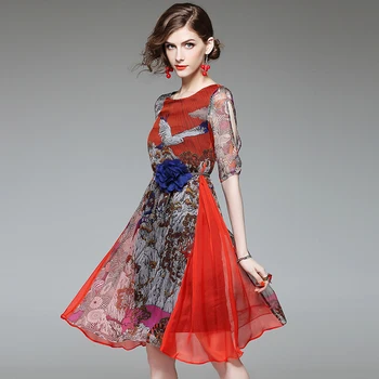 

xl women silk dress summer plus size 2017 new european america fashion brand top quality knee length flower print dresses big