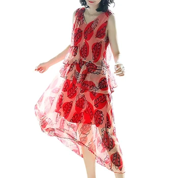 

2018 Women New Sleeveless V Neck Midi Dress Printed Chiffon Dress Floral Loose A Line Red Elegant Summer Dresses