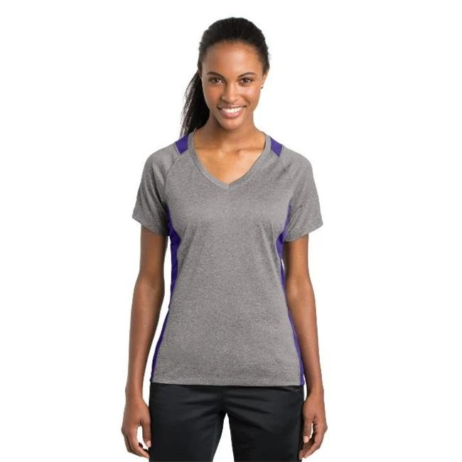 Sport-Tek LST361 Ladies Heather Colorblock Contender V Neck Tee Vintage Heather & Purple - Large