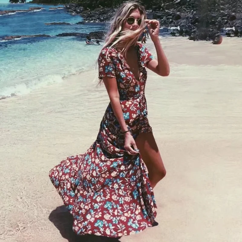 Miglior Estate delle donne boho Beach Vestito sexy scollo a V Fessura Irregolare Stampa floreale Lungo Maxi vestiti più di formato