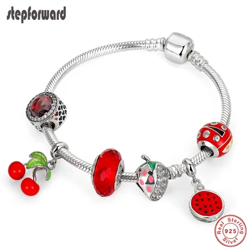

STEP FORWARD Genuine 925 Sterling Silver Red Enamel Cherry Watermelon Charm Bracelets & Bangles For Woman Silver Jewelry WLB048