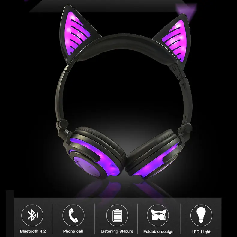 Holyhah Birthday Gift Wireless Bluetooth Earphone Foldable Flashing Cat Ear Children Headphones Gaming Headset With LED Light