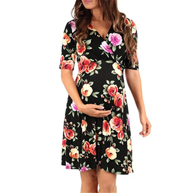 Summer Maternity Pregnancy Dress Clothes For Pregnant Women Flower Print Maternity Dresses Casual Short Sleeve Pregnant Dresses (1)