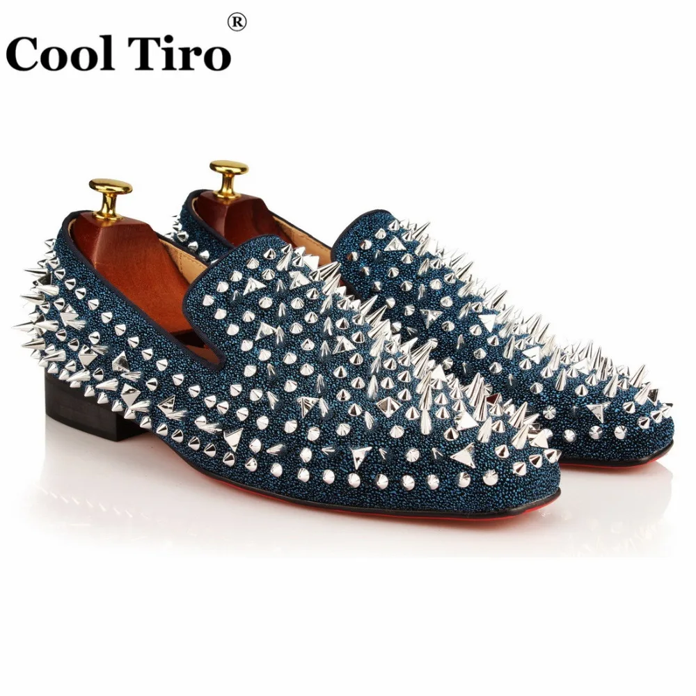 

COOL TIRO Handmade Luxury Blue diamonds Loafer Leather with Silver Spikes and Counter Party and Prom Fashion men flats shoes