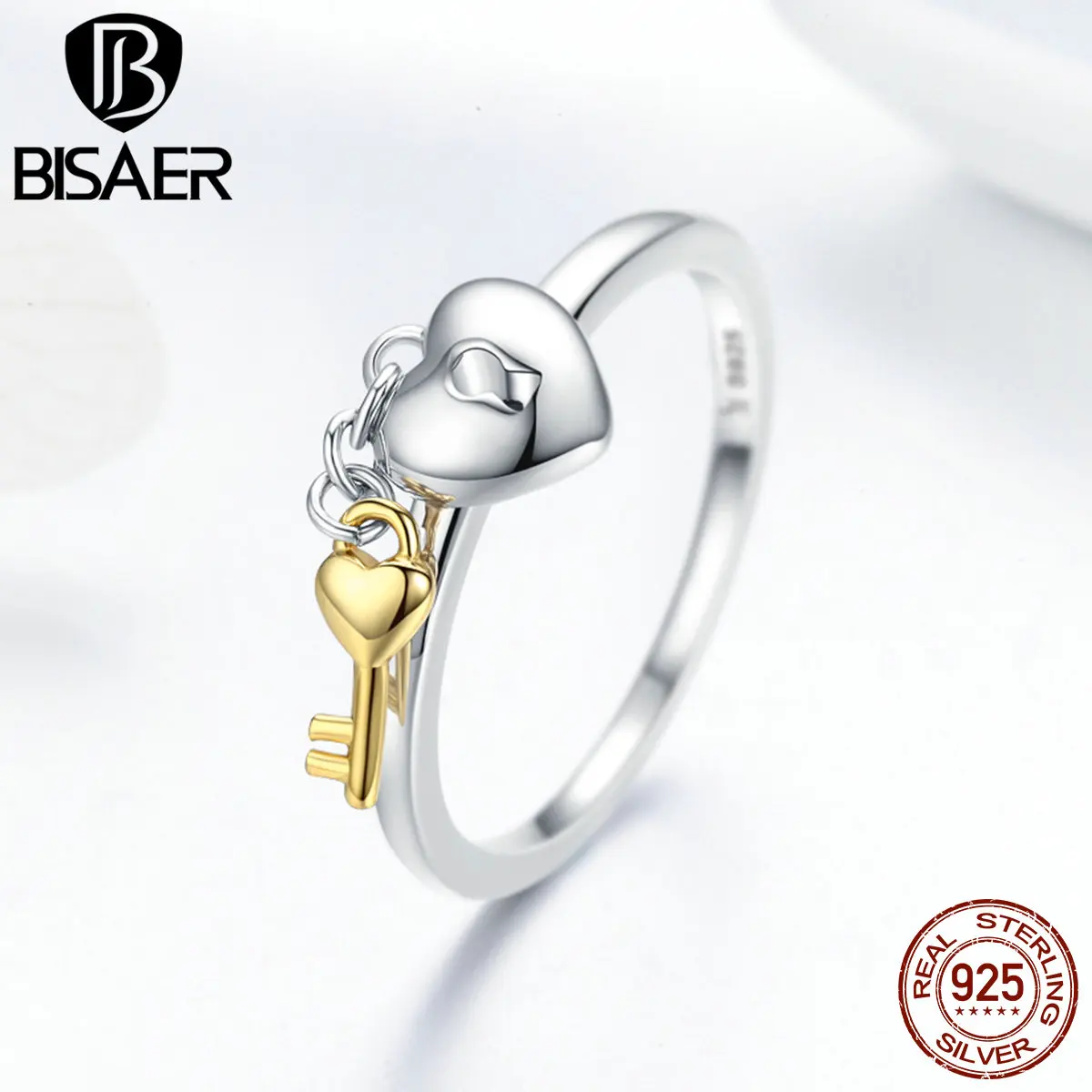 100% 925 Sterling Silver Female Ring Key Lock of Heart Finger Ring