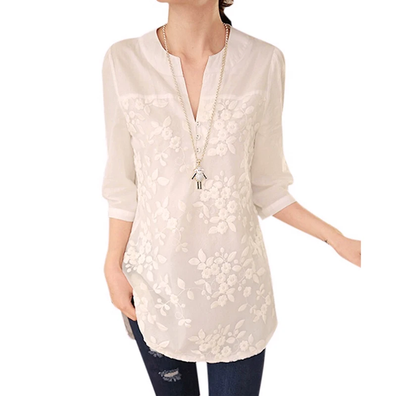 

Fashion Spring Summer Tops New Women Casual loose 3/4 Sleeve Embroidery Floral Shirt Tops