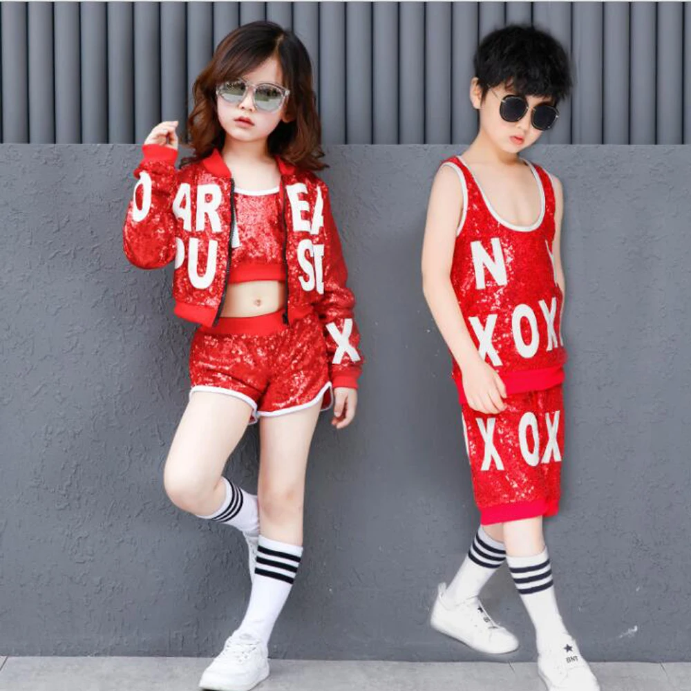 Price Girls Boys Red Sequin Ballroom Jazz Hip Hop Dance Performance Costumes Shirt Tops Pants for Kid Modern Party Stage wear Outfits