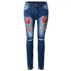 Высокая талия рваные цветочные джинсы с вышивкой женские эластичные джинсовые брюки для женщин обтягивающие джинсы плюс размер Xxl