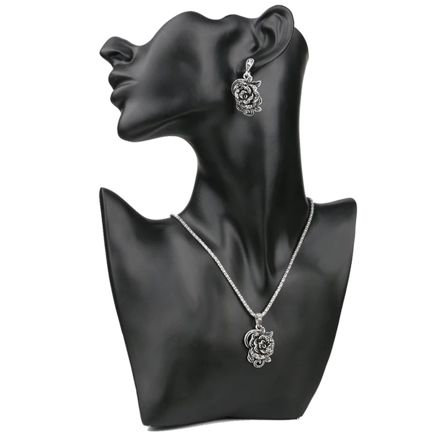 Kinel Hot Grey Crystal Roses Jewelry Set For Women Tibetan Silver Ring Necklace Earrings Bracelet Vintage Wedding Jewelry Sets - Image 3