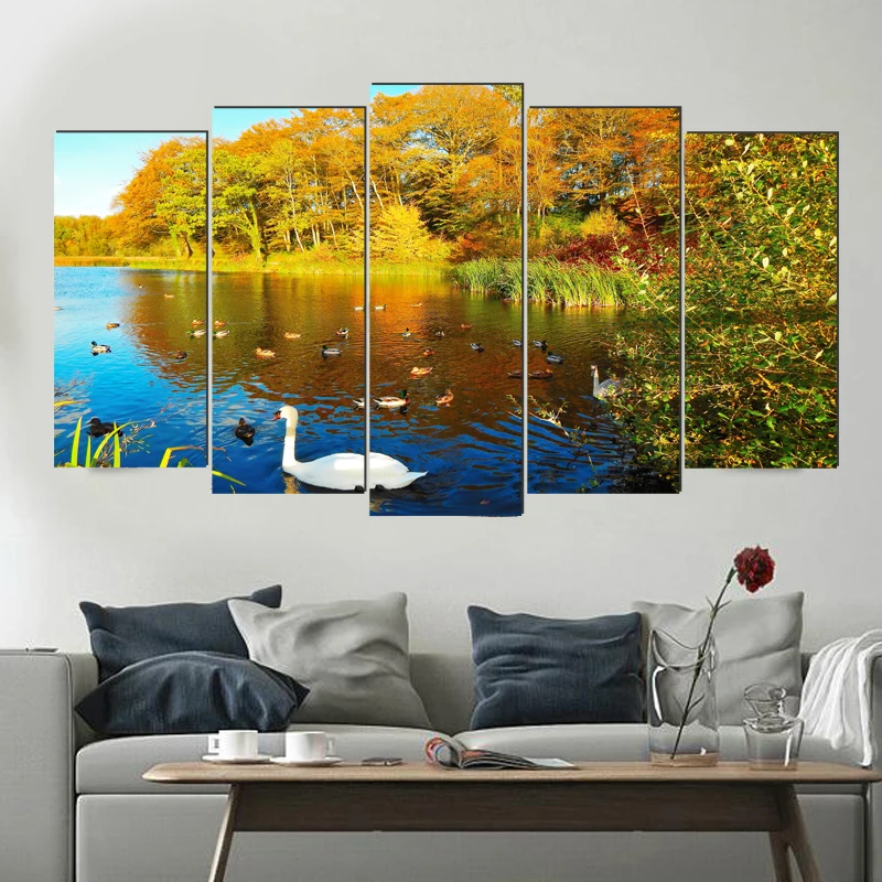 

Swan animal lake realist canvas painting country art prints 5 psc modern wall picture for bedroom parlor hotel lobby dining room