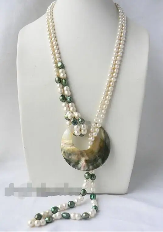 

Free Shipping >>>2Strands 30'' White Round Green Baroque Freshwater Pearl Shell Pendant Nacklace