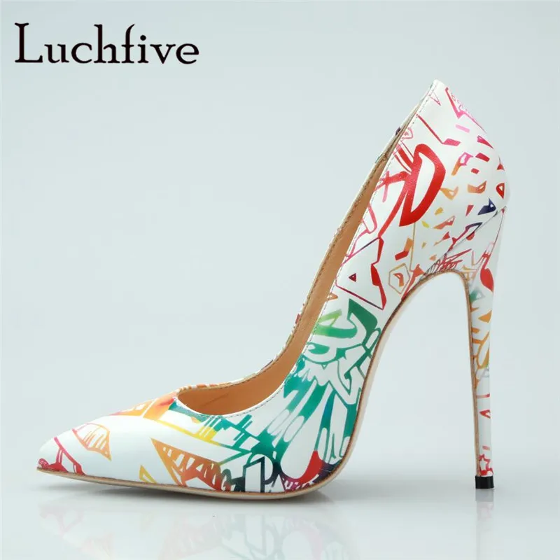

Graffiti Printed Genuine Leather Women Pumps Sexy Thin High Heels Pointy Toe Shoes Woman Slip On Runaway Gladiator Stiletto