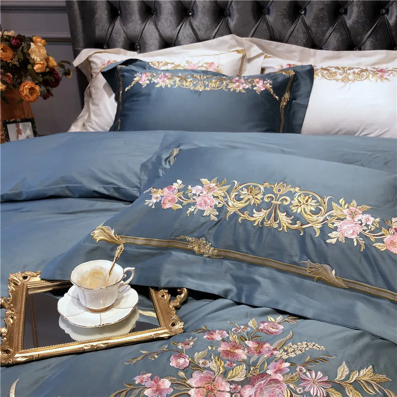 Excellent Champagne Blue White Luxury Royal Embroidery 100S Egyptian Cotton Palace Bedding Set Duvet Cover Bed sheet/Linen Pillowcases 54
