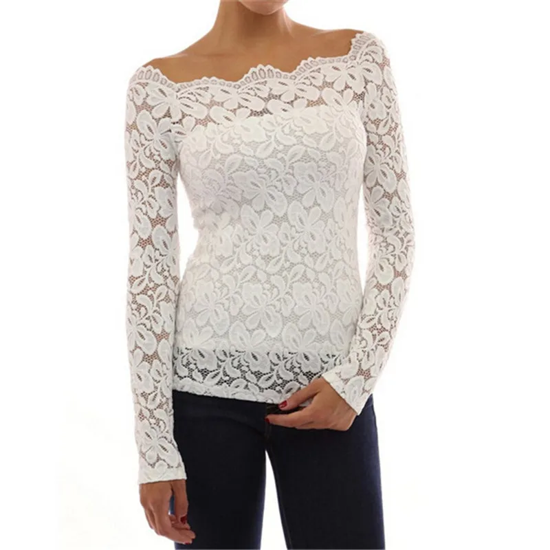 

White Shirt Women Sexy Lace Tops and Blouses Long Sleeve Slash Neck Solid Shirt Casual Pure Elegant Ladies Party Slim Blouse