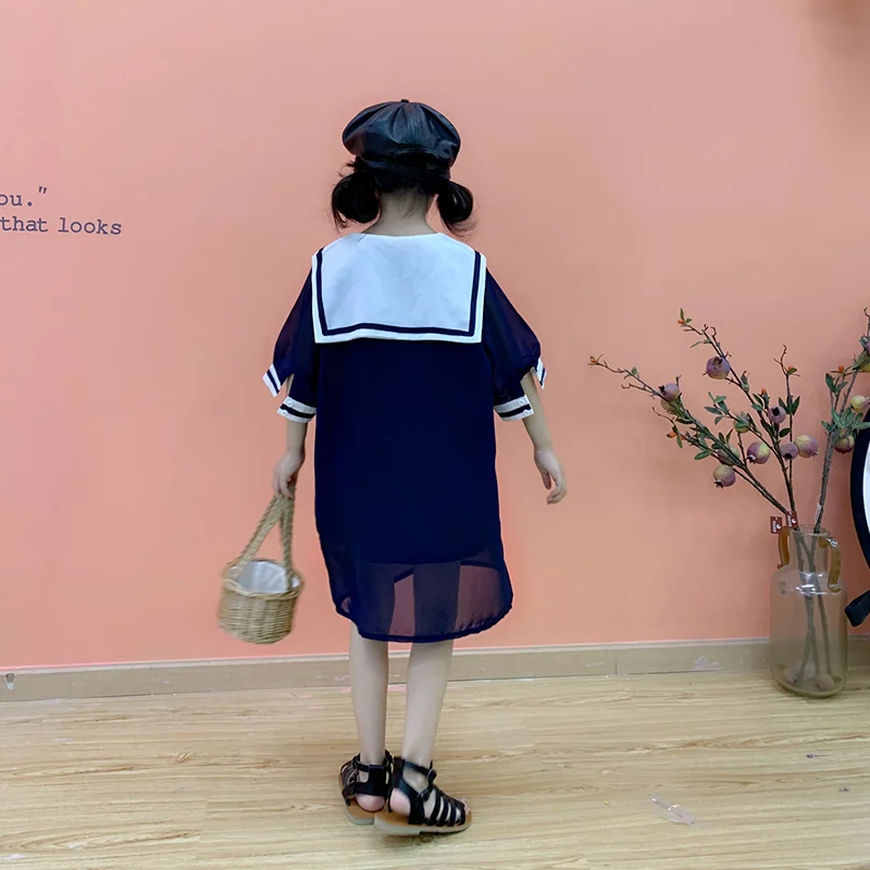 

Girls dress 2019 summer new children's chiffon college wind big lapel loose dress princess dress