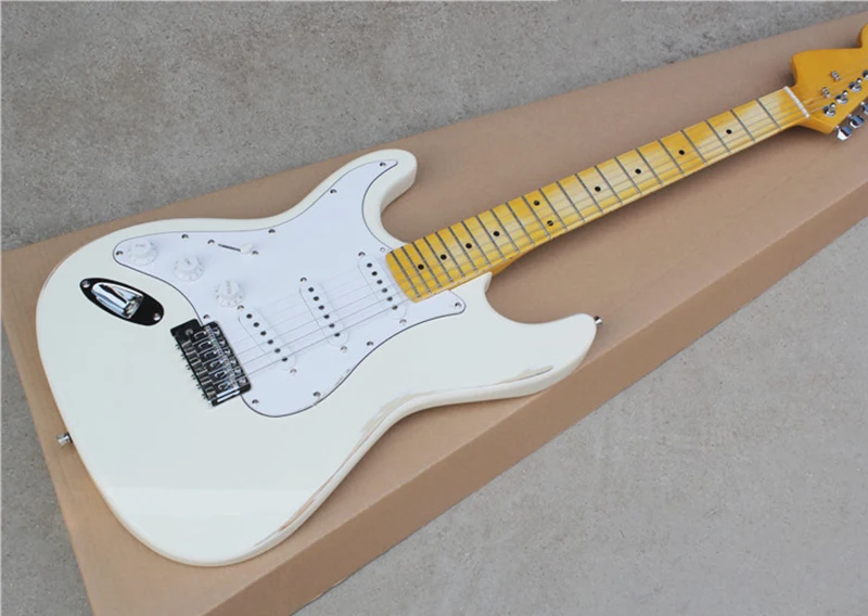 

Factory White Vintage Left Handed Electric Guitar with White Pickguard,Yellow Maple Fretboard,Chrome Hardware,Can be Customized
