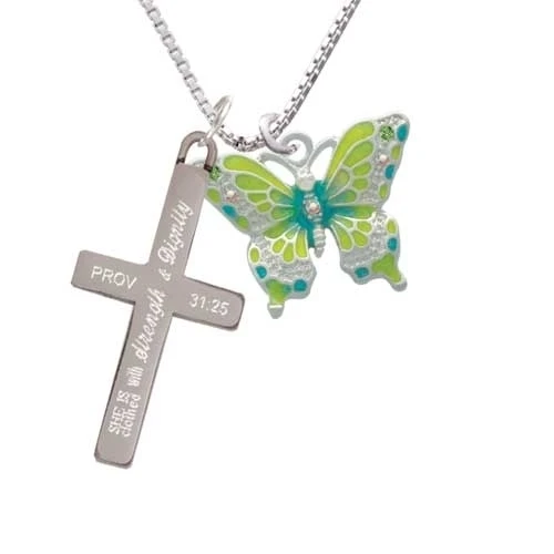 Large Lime Green & Blue Butterfly - Strength and Dignity - Cross Necklace (1)