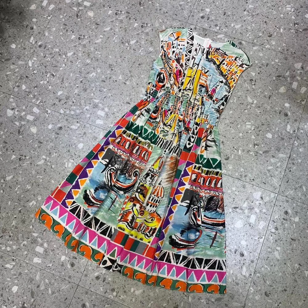 

2019 new ladies fashion sleeveless waist printed cotton dress 0531